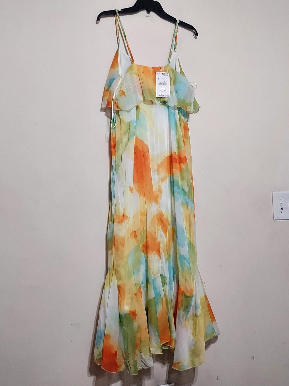 Zara Watercolor Tie-Dye Print Ruffle Midi Dress Sz-L - Picture 12 of 13